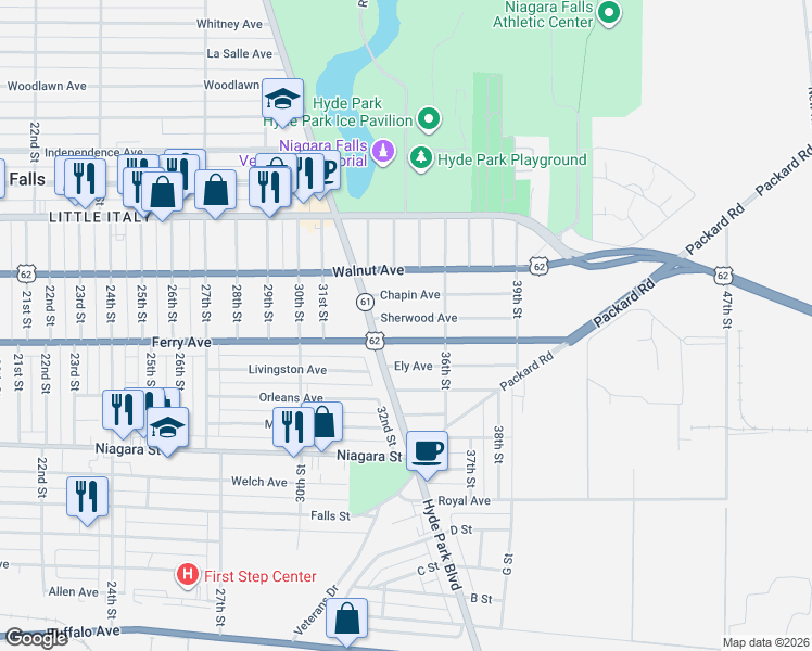 map of restaurants, bars, coffee shops, grocery stores, and more near 3535 Sherwood Ave in Niagara Falls