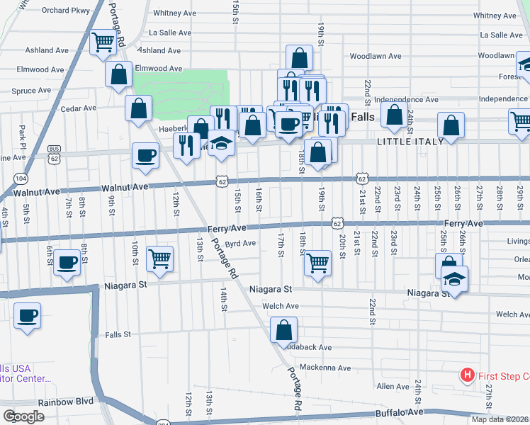 map of restaurants, bars, coffee shops, grocery stores, and more near 521 16th Street in Niagara Falls