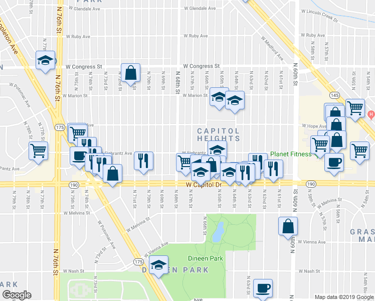 map of restaurants, bars, coffee shops, grocery stores, and more near 4103 North 67th Street in Milwaukee