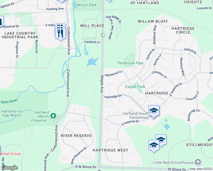 map of restaurants, bars, coffee shops, grocery stores, and more near 737 Normandy Circle in Hartland