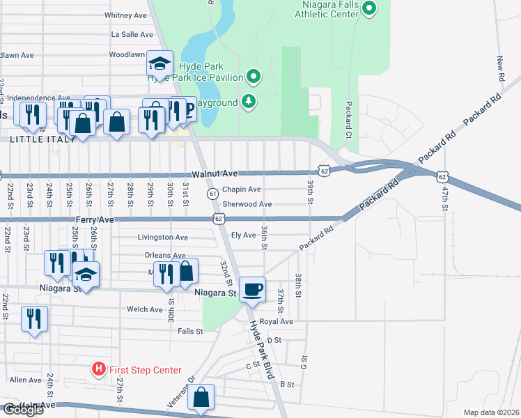 map of restaurants, bars, coffee shops, grocery stores, and more near 3571 Sherwood Avenue in Niagara Falls