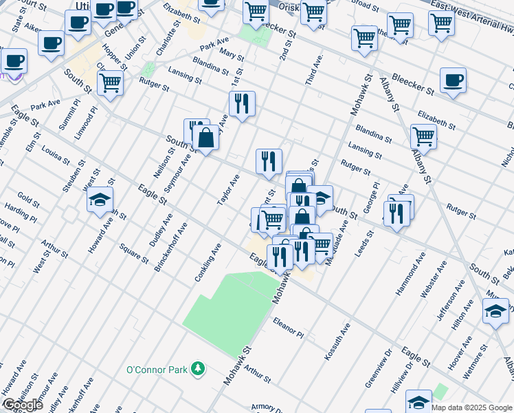 map of restaurants, bars, coffee shops, grocery stores, and more near 1122 Saint Vincent Street in Utica