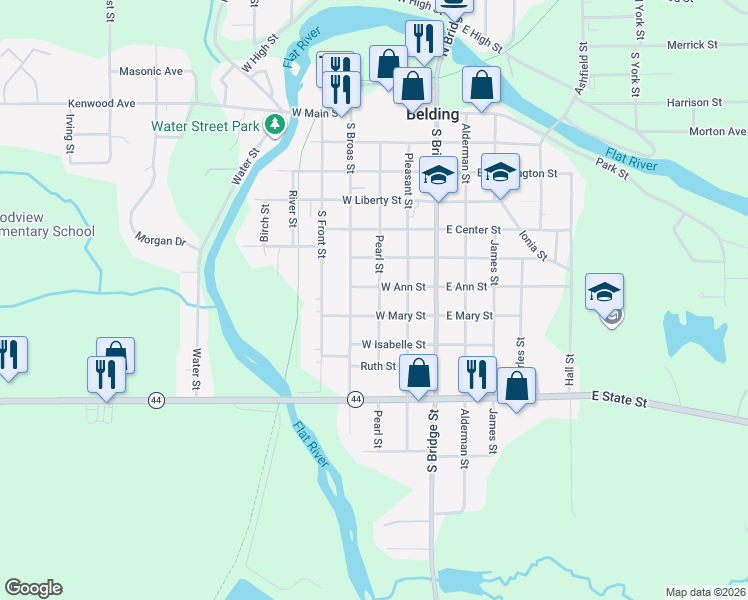 map of restaurants, bars, coffee shops, grocery stores, and more near 709 Pearl Street in Belding