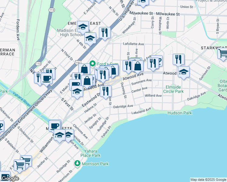 map of restaurants, bars, coffee shops, grocery stores, and more near 2105 Sommers Avenue in Madison