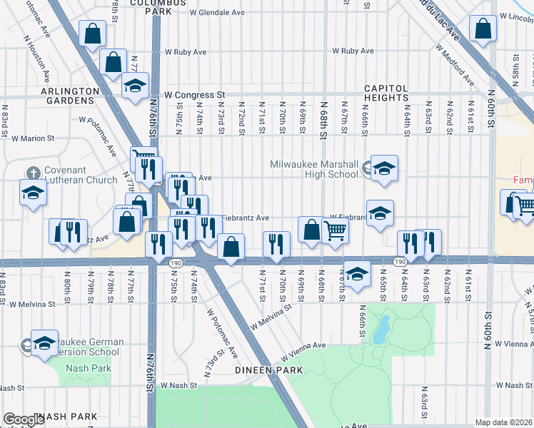 map of restaurants, bars, coffee shops, grocery stores, and more near 4106 North 71st Street in Milwaukee
