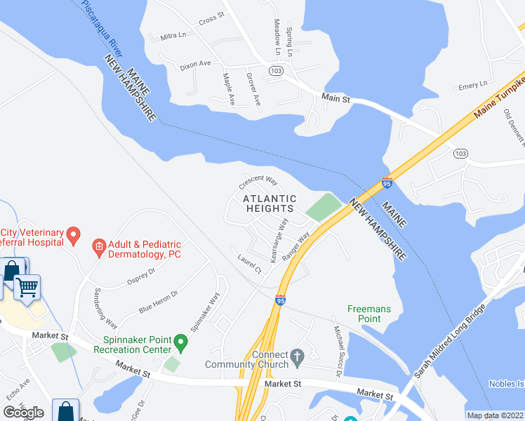 map of restaurants, bars, coffee shops, grocery stores, and more near 169 Concord Way in Portsmouth