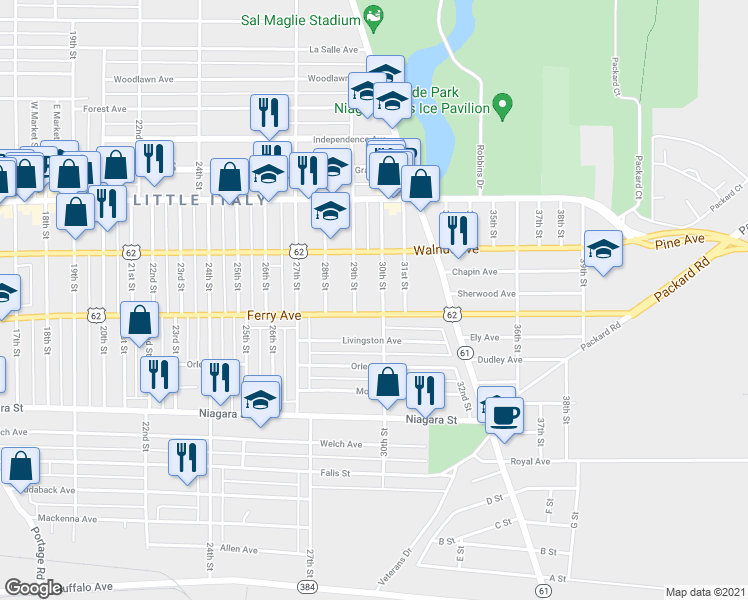 map of restaurants, bars, coffee shops, grocery stores, and more near 516 30th St in Niagara Falls