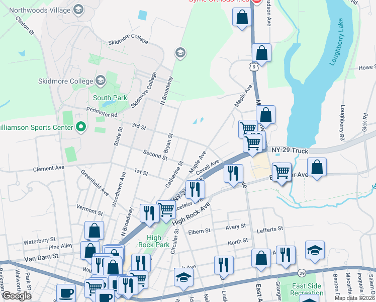 map of restaurants, bars, coffee shops, grocery stores, and more near 118 Catherine Street in Saratoga Springs