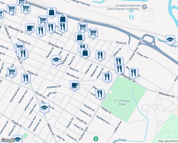 map of restaurants, bars, coffee shops, grocery stores, and more near 521 Tilden Avenue in Utica
