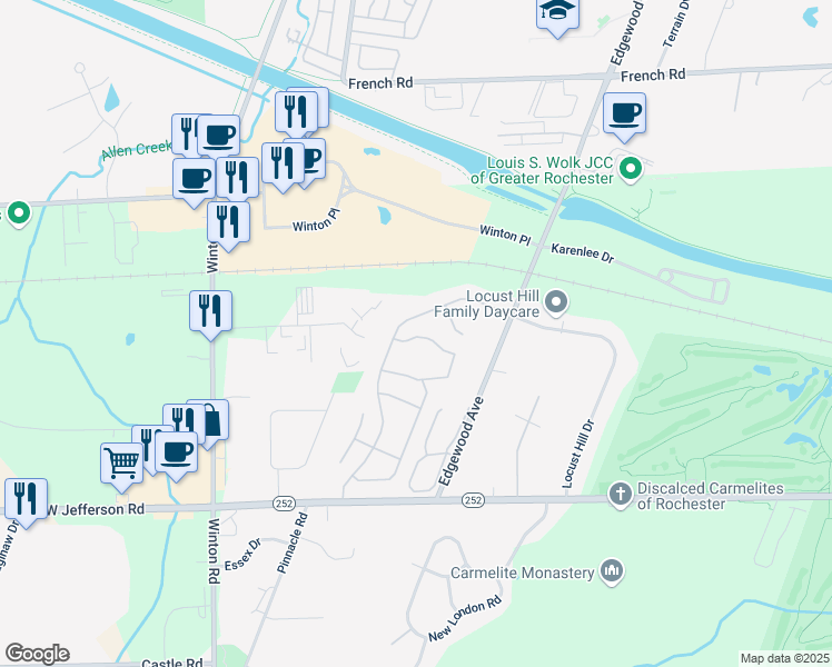 map of restaurants, bars, coffee shops, grocery stores, and more near 768 Surrey Hill Way in Rochester