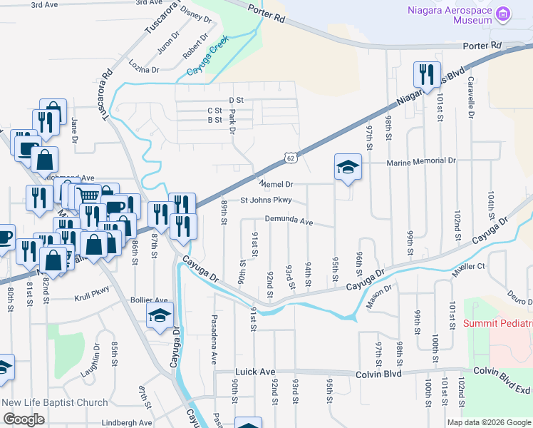 map of restaurants, bars, coffee shops, grocery stores, and more near 9122 Demunda Avenue in Niagara Falls