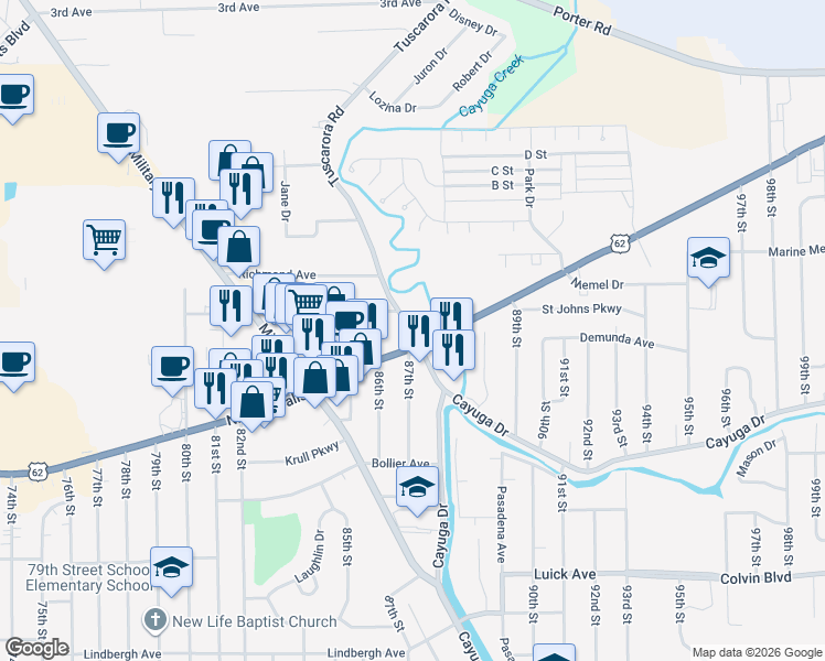 map of restaurants, bars, coffee shops, grocery stores, and more near 1400 Tuscarora Road in Niagara Falls