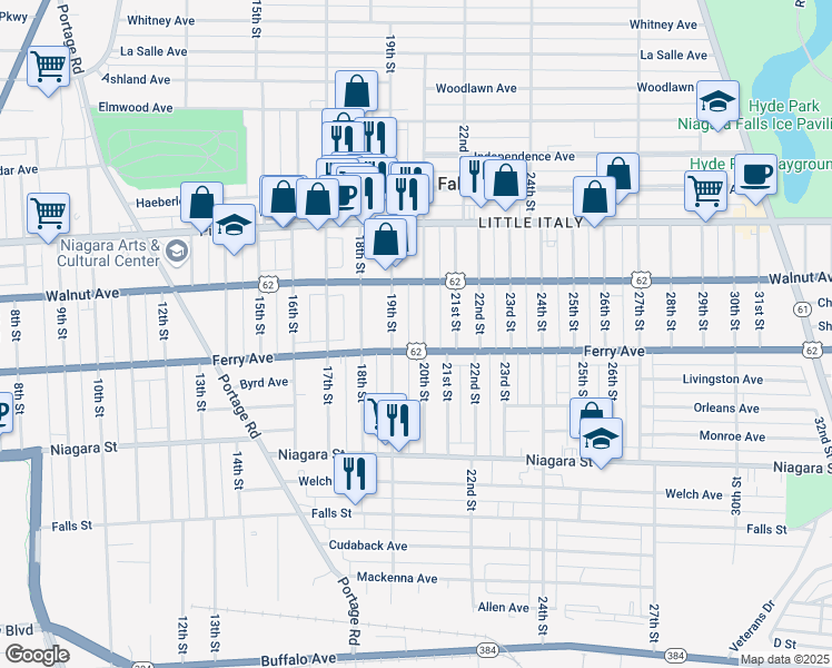 map of restaurants, bars, coffee shops, grocery stores, and more near 514 20th Street in Niagara Falls