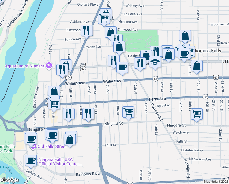 map of restaurants, bars, coffee shops, grocery stores, and more near 533-35 10th Street in Niagara Falls