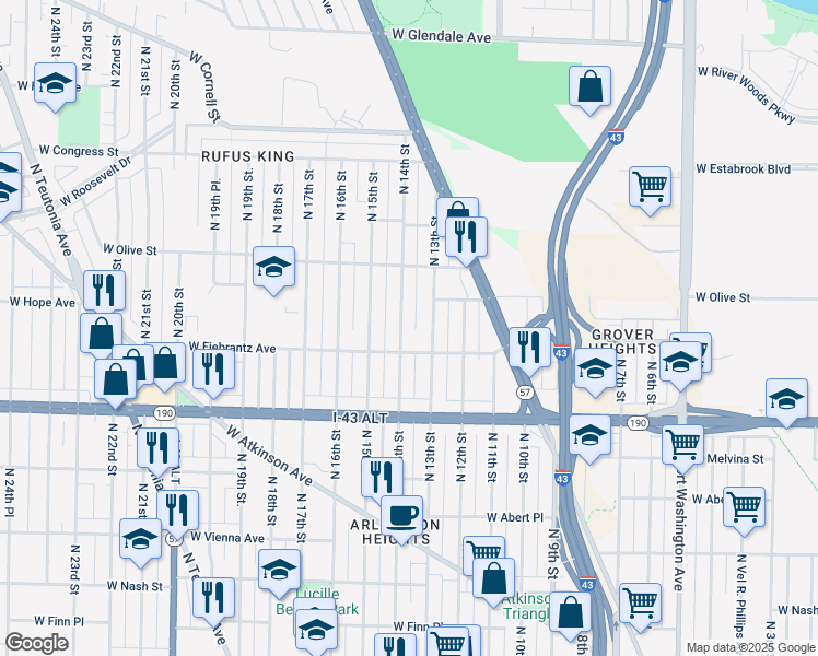 map of restaurants, bars, coffee shops, grocery stores, and more near 4127 North 14th Street in Milwaukee