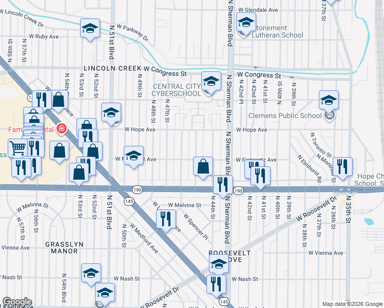 map of restaurants, bars, coffee shops, grocery stores, and more near 4116 North 46th Street in Milwaukee