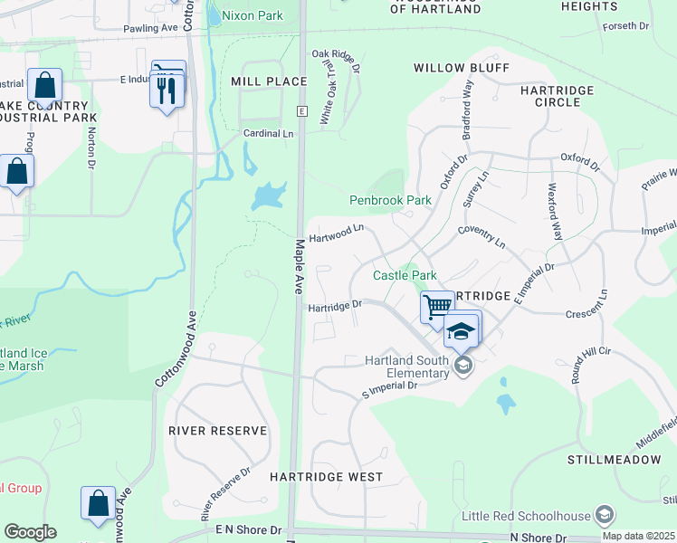 map of restaurants, bars, coffee shops, grocery stores, and more near 396 Oxford Drive in Hartland