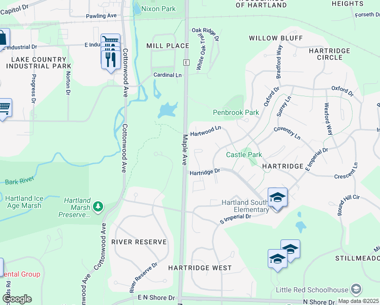 map of restaurants, bars, coffee shops, grocery stores, and more near 737 Normandy Circle in Hartland