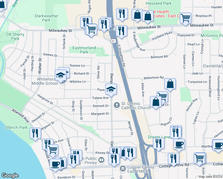 map of restaurants, bars, coffee shops, grocery stores, and more near 229 Dempsey Road in Madison