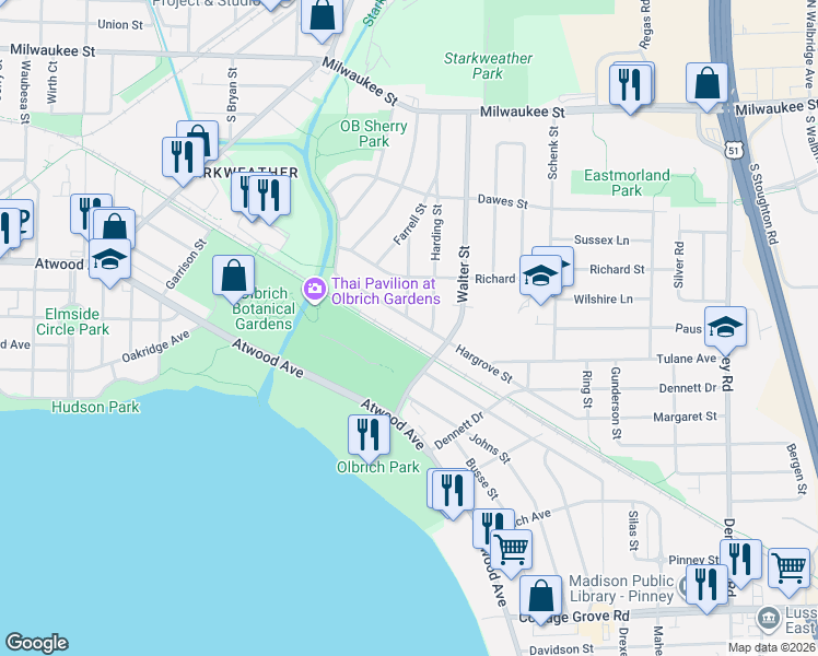 map of restaurants, bars, coffee shops, grocery stores, and more near 3473 Hargrove Street in Madison