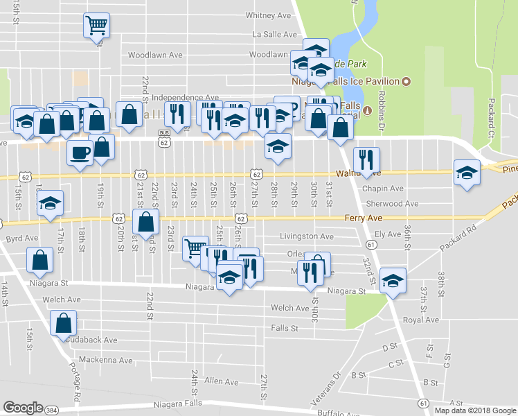 map of restaurants, bars, coffee shops, grocery stores, and more near 515 27th Street in Niagara Falls