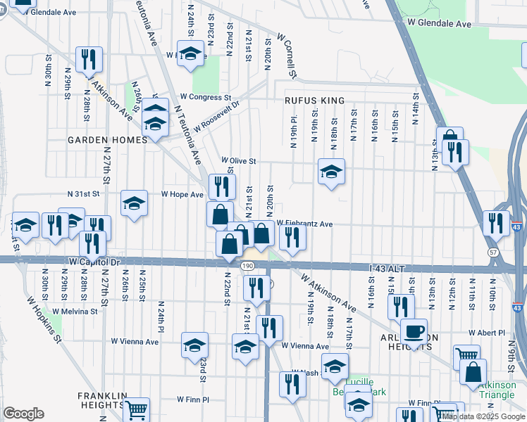 map of restaurants, bars, coffee shops, grocery stores, and more near 4117 North 20th Street in Milwaukee