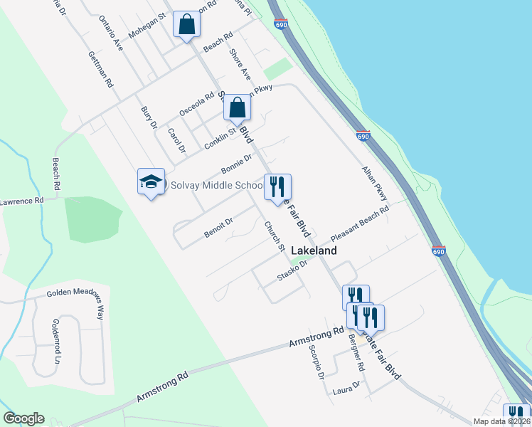 map of restaurants, bars, coffee shops, grocery stores, and more near 702 Church Street in Solvay