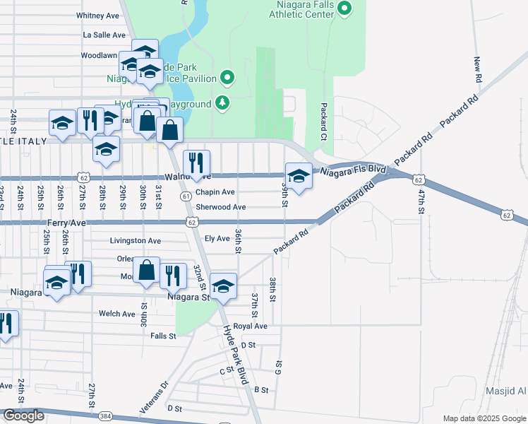 map of restaurants, bars, coffee shops, grocery stores, and more near 3635 Sherwood Avenue in Niagara Falls
