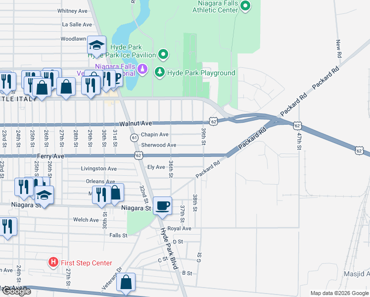 map of restaurants, bars, coffee shops, grocery stores, and more near 3635 Sherwood Avenue in Niagara Falls