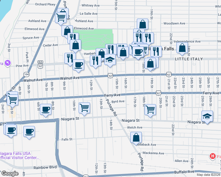 map of restaurants, bars, coffee shops, grocery stores, and more near 521 Tronolone Place in Niagara Falls