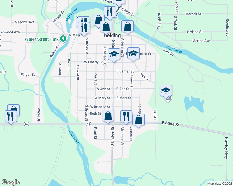 map of restaurants, bars, coffee shops, grocery stores, and more near 710 South Bridge Street in Belding