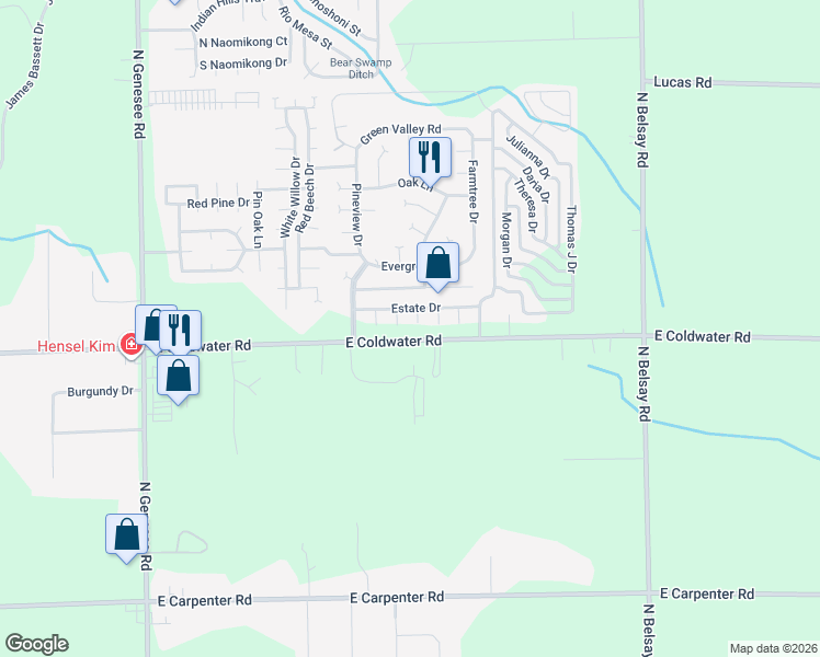 map of restaurants, bars, coffee shops, grocery stores, and more near 980 Estate Drive in Flint