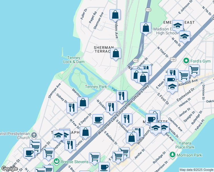 map of restaurants, bars, coffee shops, grocery stores, and more near 1467 East Johnson Street in Madison