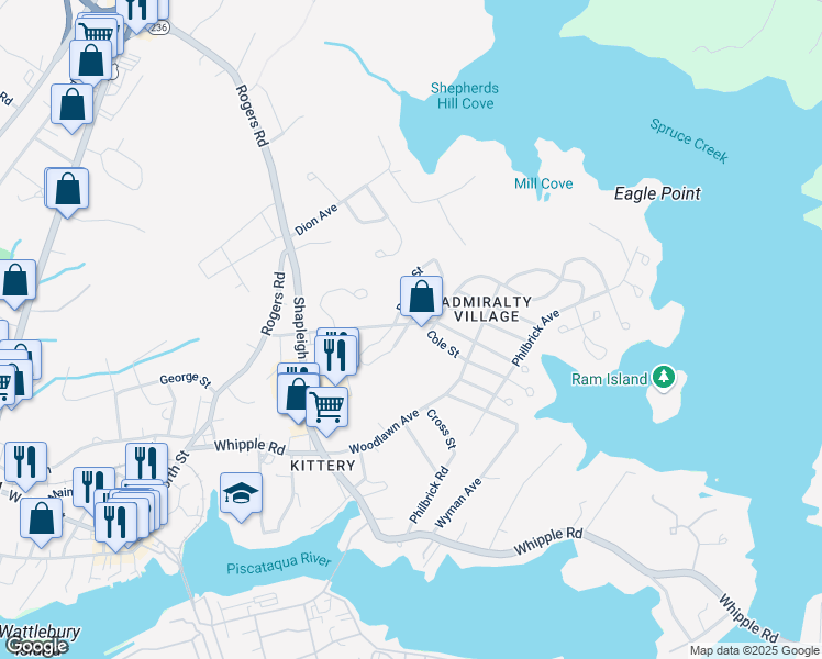 map of restaurants, bars, coffee shops, grocery stores, and more near 108 Manson Avenue in Kittery