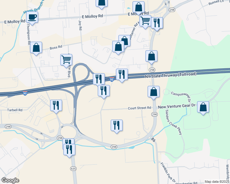 map of restaurants, bars, coffee shops, grocery stores, and more near 6630 Old Collamer Road South in Onondaga County