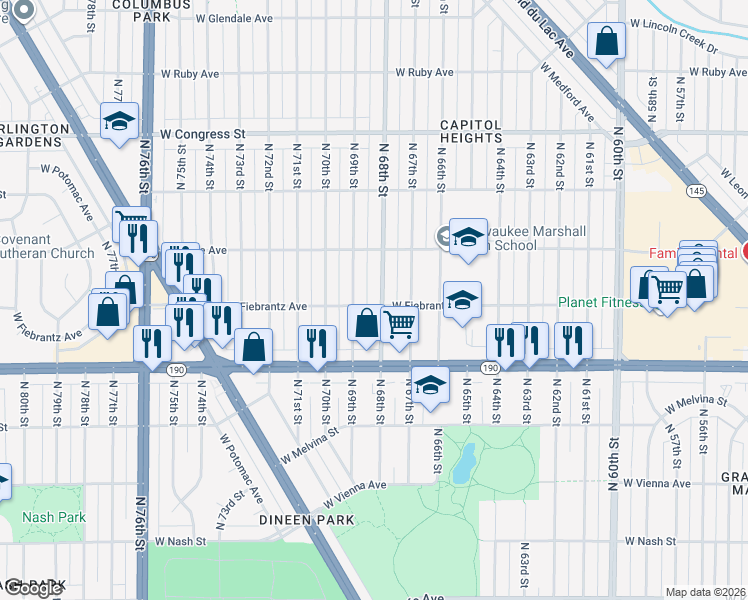 map of restaurants, bars, coffee shops, grocery stores, and more near 4101 North 68th Street in Milwaukee