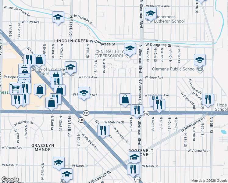 map of restaurants, bars, coffee shops, grocery stores, and more near 4112 North 46th Street in Milwaukee