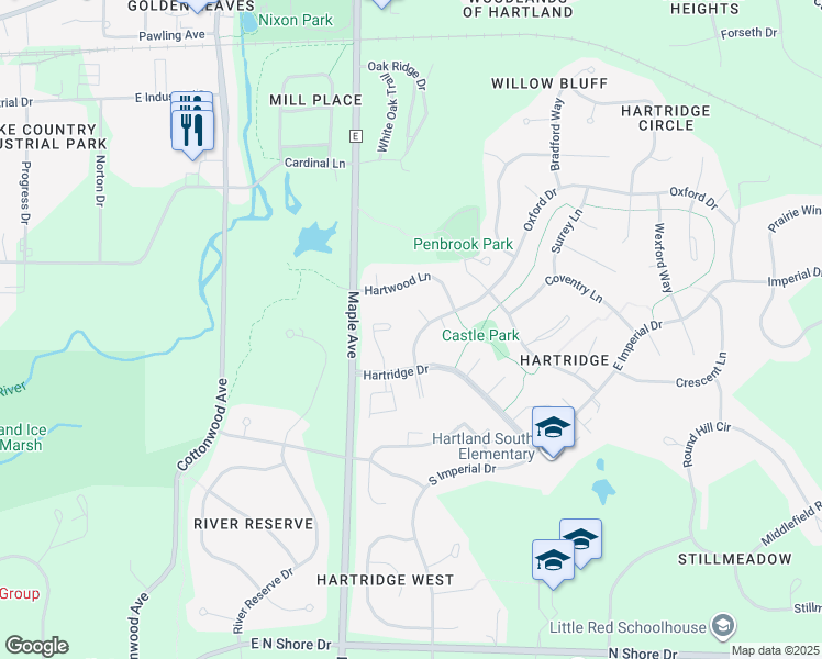 map of restaurants, bars, coffee shops, grocery stores, and more near 396 Oxford Drive in Hartland