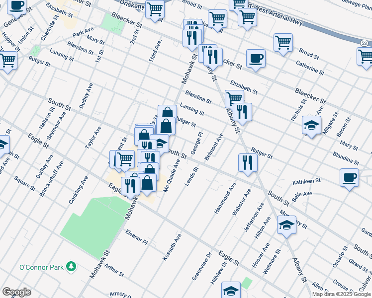 map of restaurants, bars, coffee shops, grocery stores, and more near 1009 Young Pl in Utica