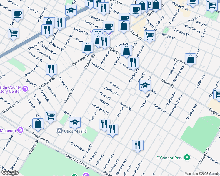 map of restaurants, bars, coffee shops, grocery stores, and more near 113 Harding Pl in Utica