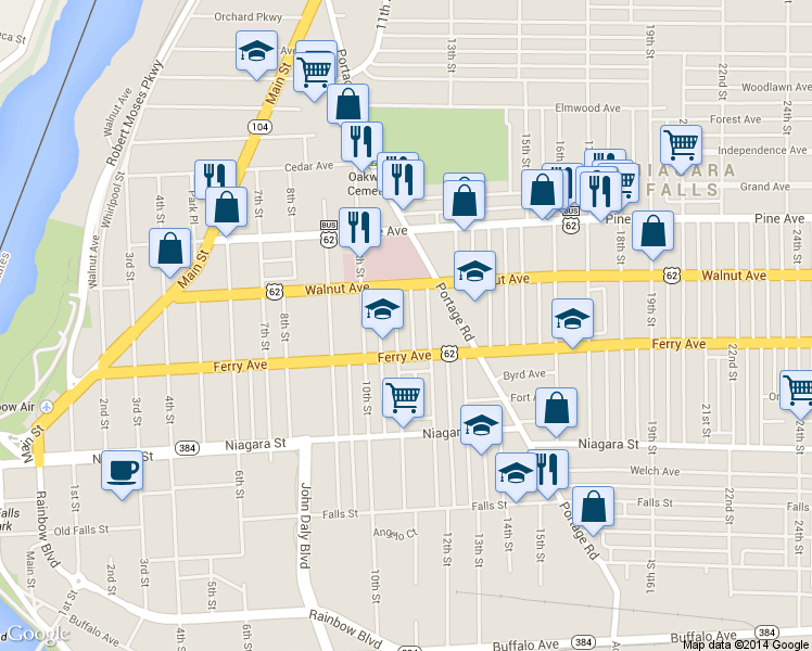 map of restaurants, bars, coffee shops, grocery stores, and more near 529 Memorial Parkway in Niagara Falls