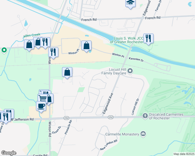 map of restaurants, bars, coffee shops, grocery stores, and more near 768 Surrey Hill Way in Rochester