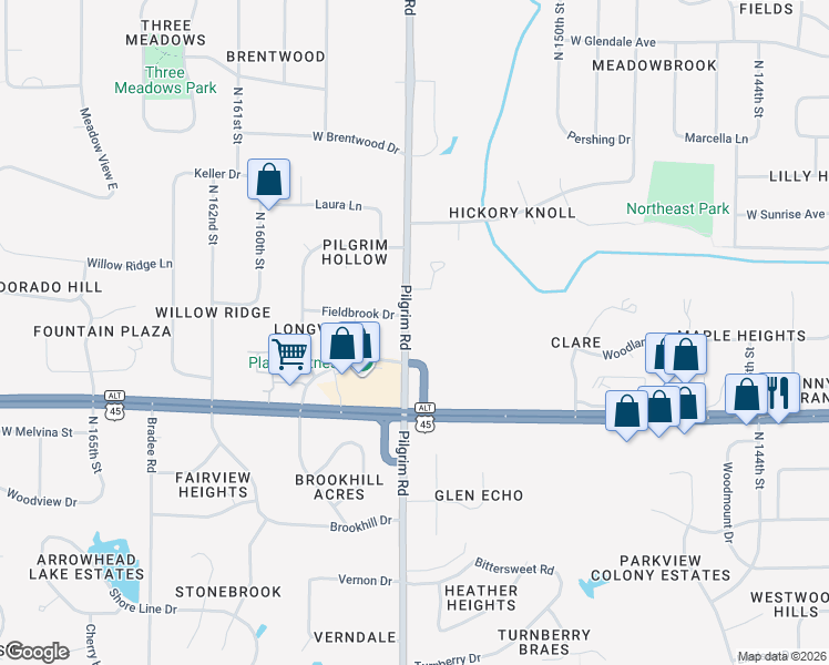 map of restaurants, bars, coffee shops, grocery stores, and more near 4126-4190 Pilgrim Road in Brookfield