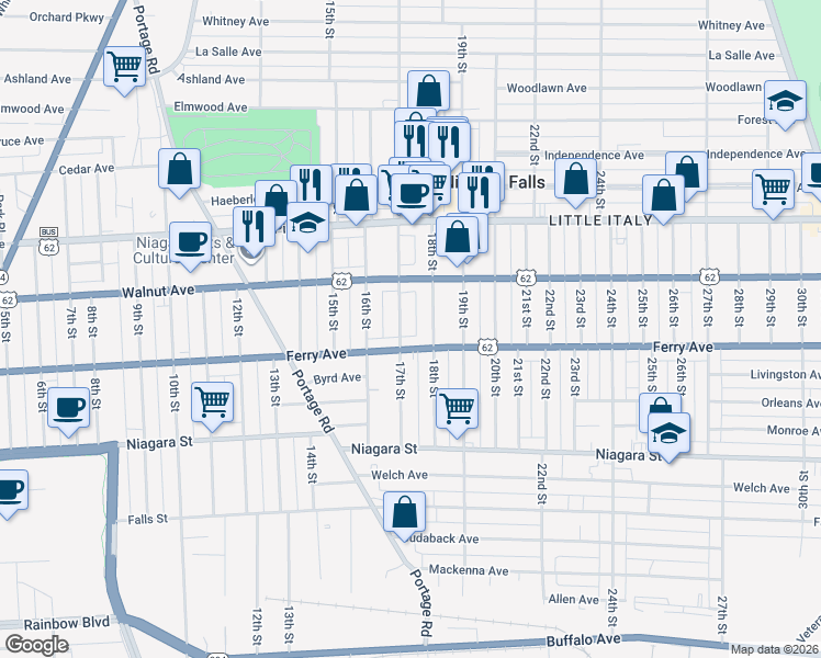 map of restaurants, bars, coffee shops, grocery stores, and more near 521 17th St in Niagara Falls