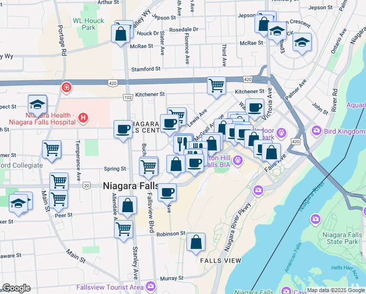 map of restaurants, bars, coffee shops, grocery stores, and more near 5741 McGrail Avenue in Niagara Falls