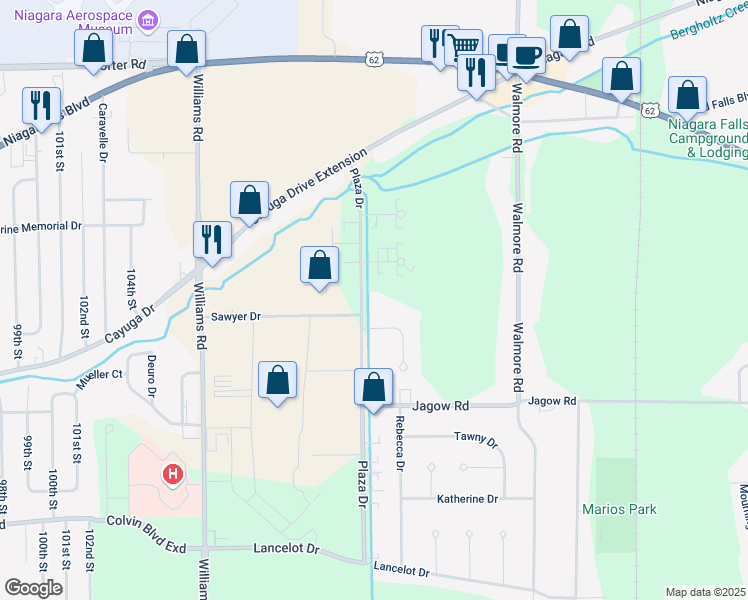 map of restaurants, bars, coffee shops, grocery stores, and more near 6849 Plaza Drive in Niagara Falls