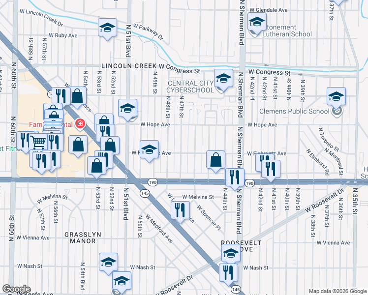 map of restaurants, bars, coffee shops, grocery stores, and more near 4112 North 47th Street in Milwaukee
