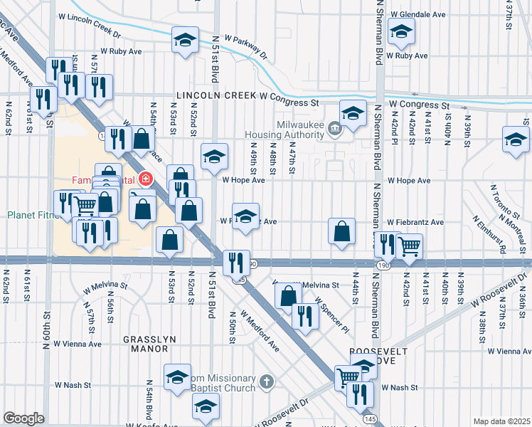 map of restaurants, bars, coffee shops, grocery stores, and more near 4113 North 48th Street in Milwaukee
