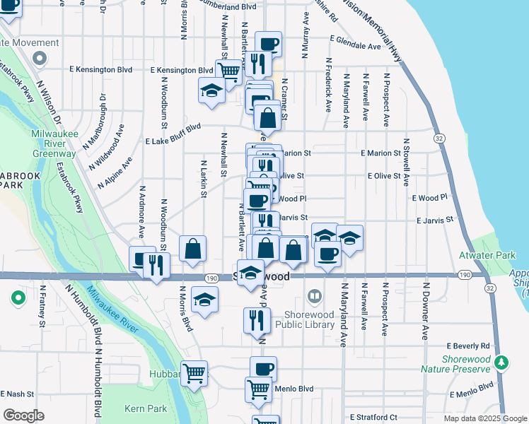 map of restaurants, bars, coffee shops, grocery stores, and more near 4108 North Oakland Avenue in Shorewood