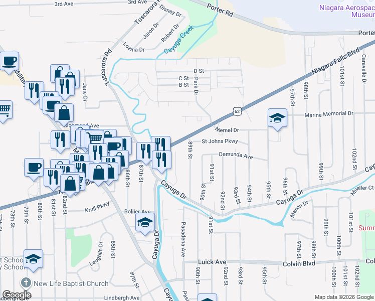 map of restaurants, bars, coffee shops, grocery stores, and more near 1294 89th Street in Niagara Falls